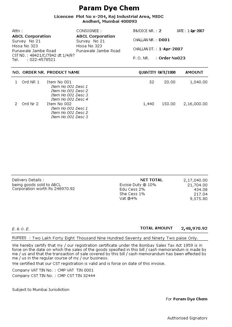 Tally ERP 9 Invoice Customization Format